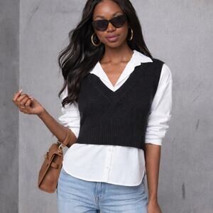 Natural Life Ava V-Neck Black Knit Sweater Vest M Crop Base Layer Minimal Basic